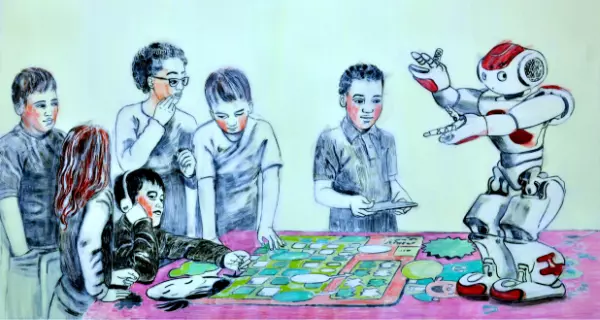 Illustration, die Kinder beim entwickeln zusammen mit einem Roboter zeigt