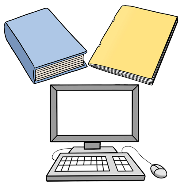 Grafik: Ein Buch, eine Zeitschrift und ein Computer mit Tastatur und Maus