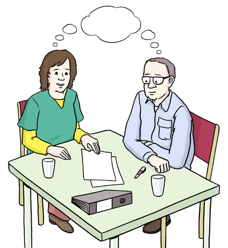 Grafik: Zwei Menschen sitzen an einem Tisch und arbeiten zusammen.